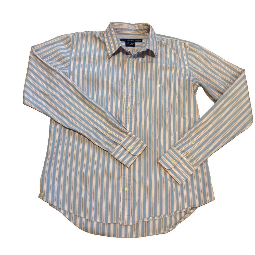Ralph Lauren Sport Boys Slim Fit Button Shirt Blue Pink Stripe Size S Cotton